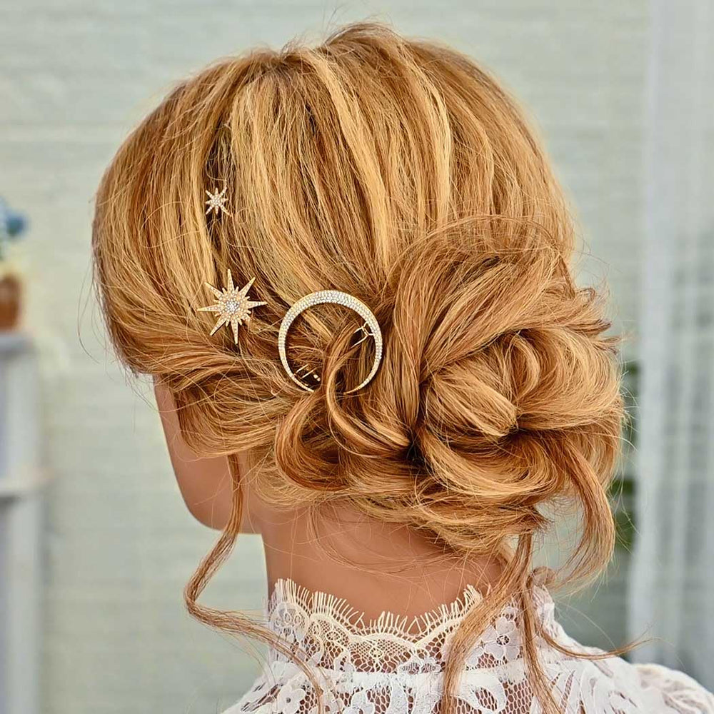 BARTOSI Moon Star hair clip worn in a braid adds secure elegance.