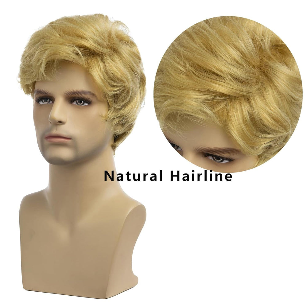 Baruisi men's wig blonde shade on model suitable for Halloween and parties.