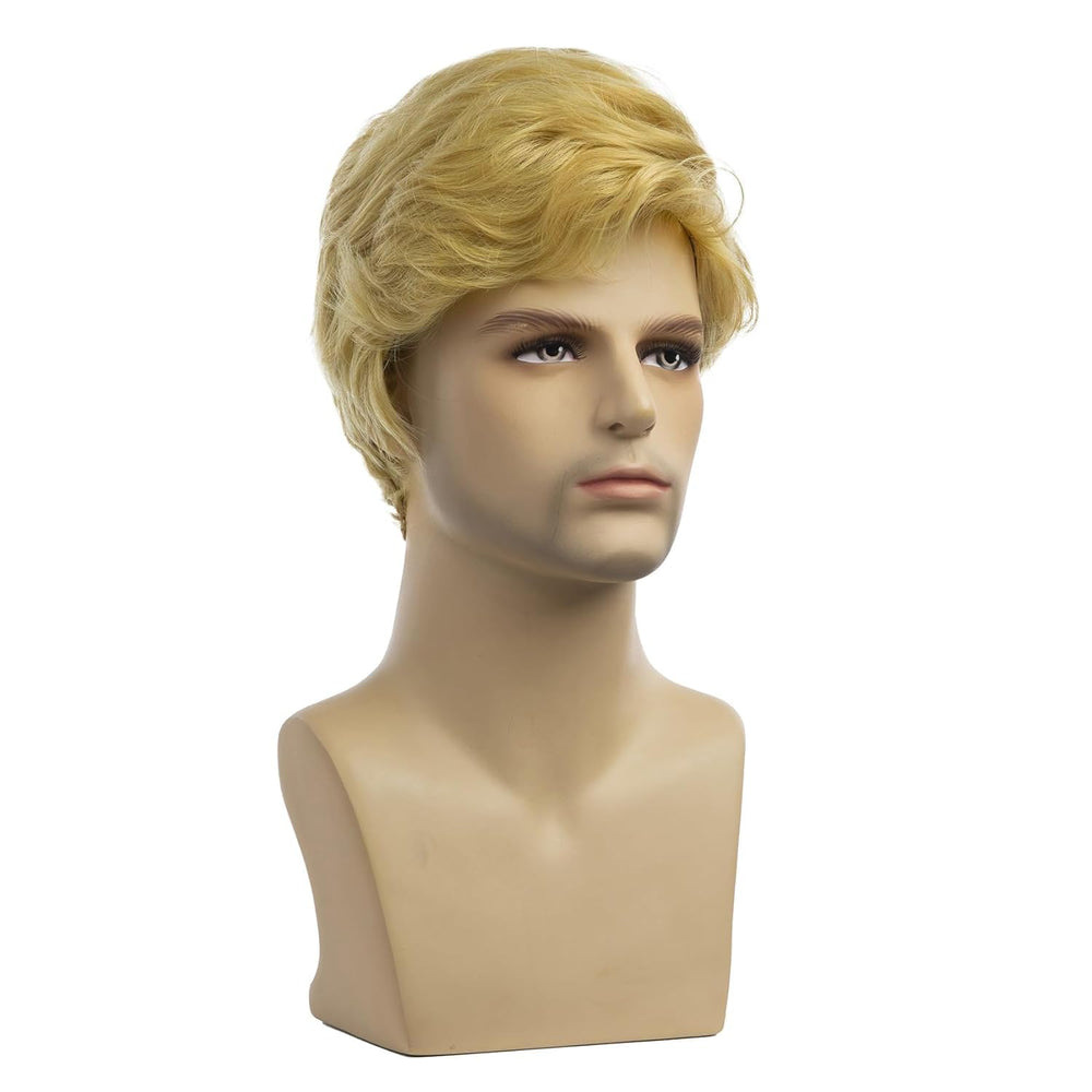Baruisi short blonde wig on head demonstrates adjustable cap for comfort.