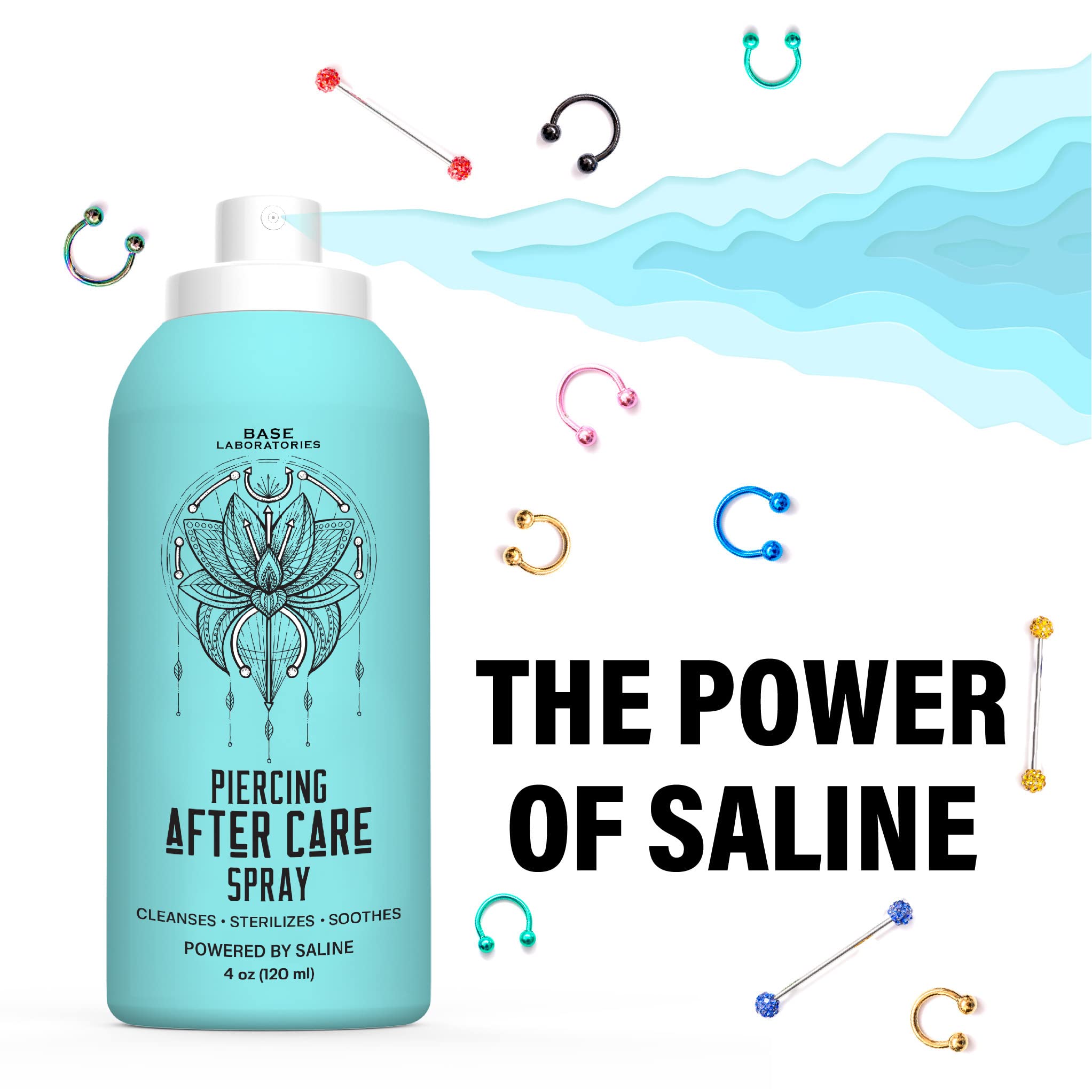 BASE LABORATORIES isotonic-saline-healing-properties showcased for skin-friendly piercing aftercare.