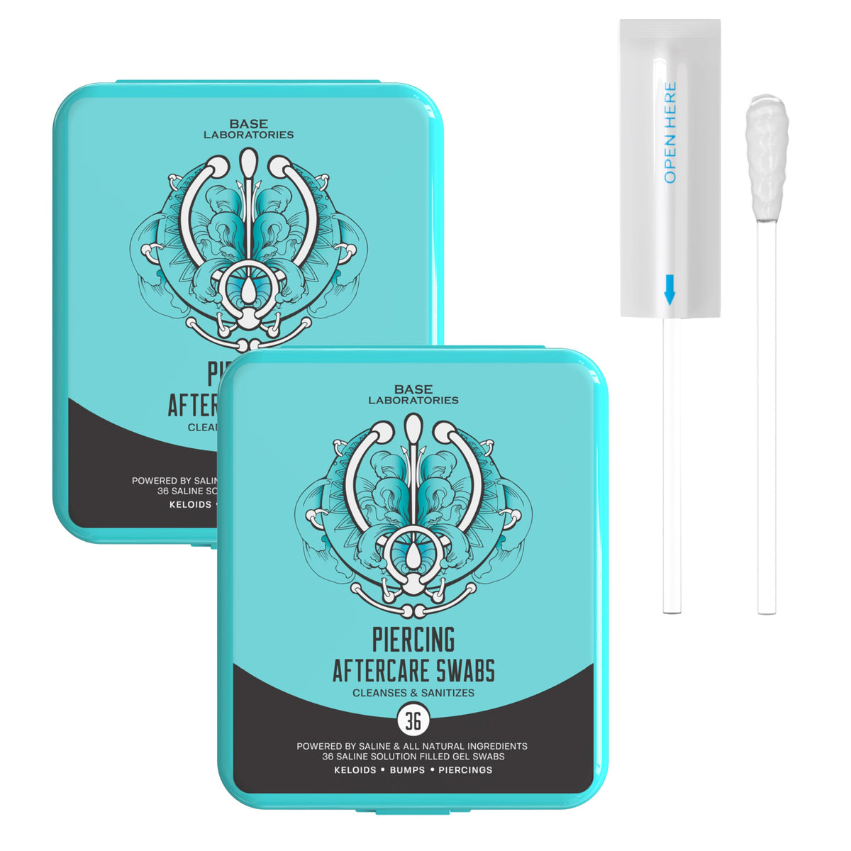 BASE LABORATORIES Keloid Bump Swab packaging shows a 72-count kit for on-the-go piercing care