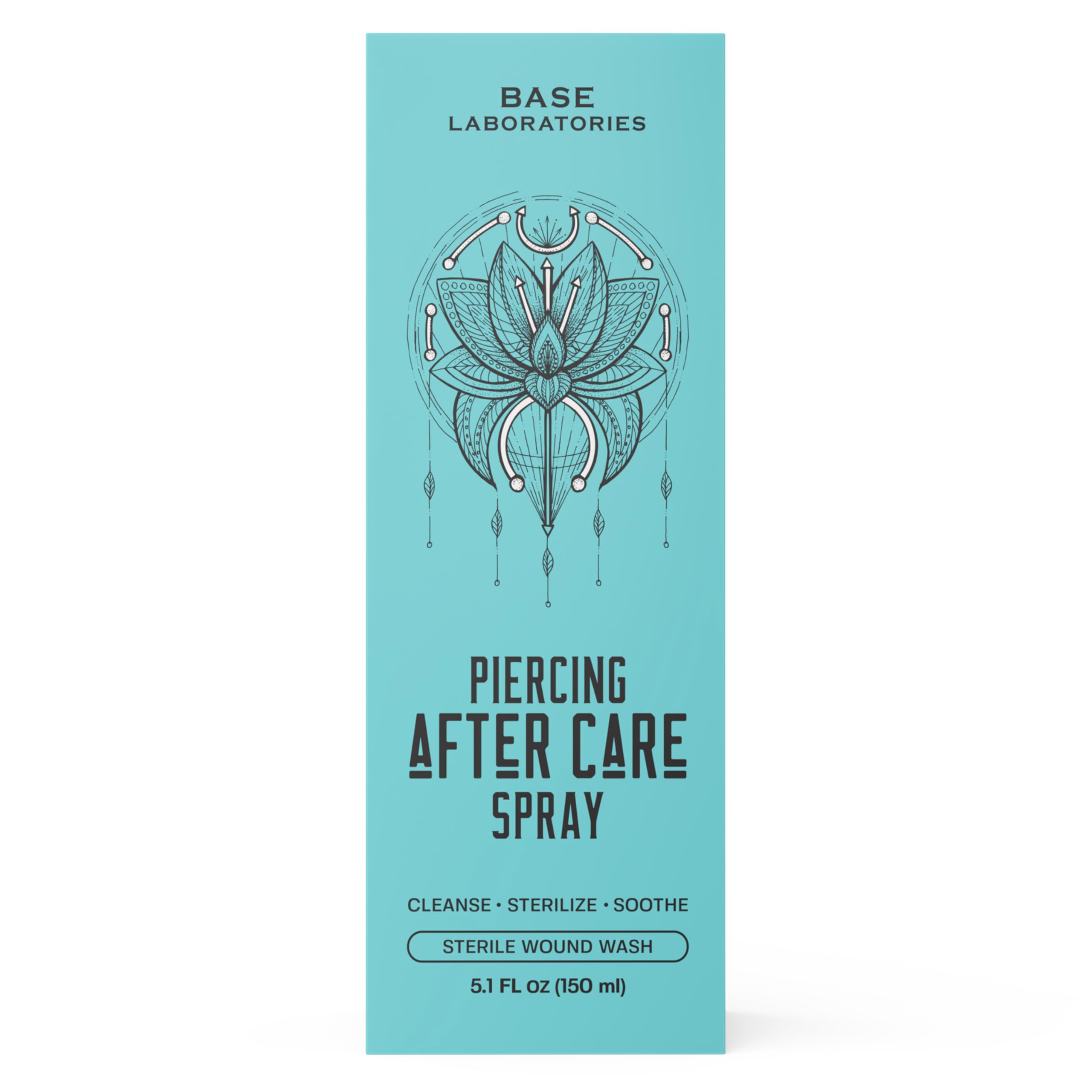 BASE LABORATORIES label-closeup shows branding and clear saline formula for piercing care.
