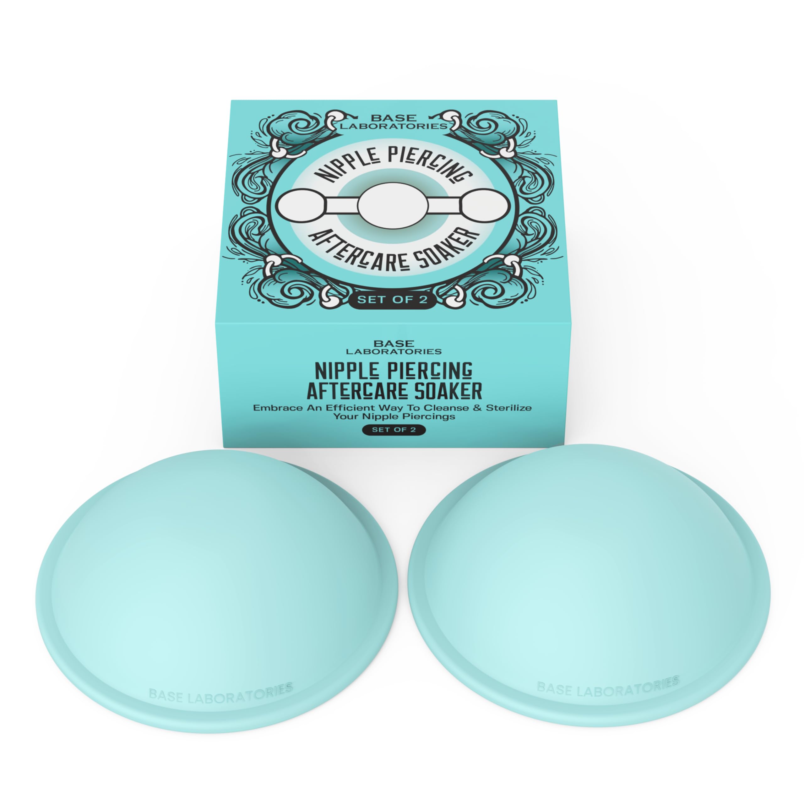 BASE LABORATORIES nipple piercing soaker two cups for hands-free cleansing during daily routines.