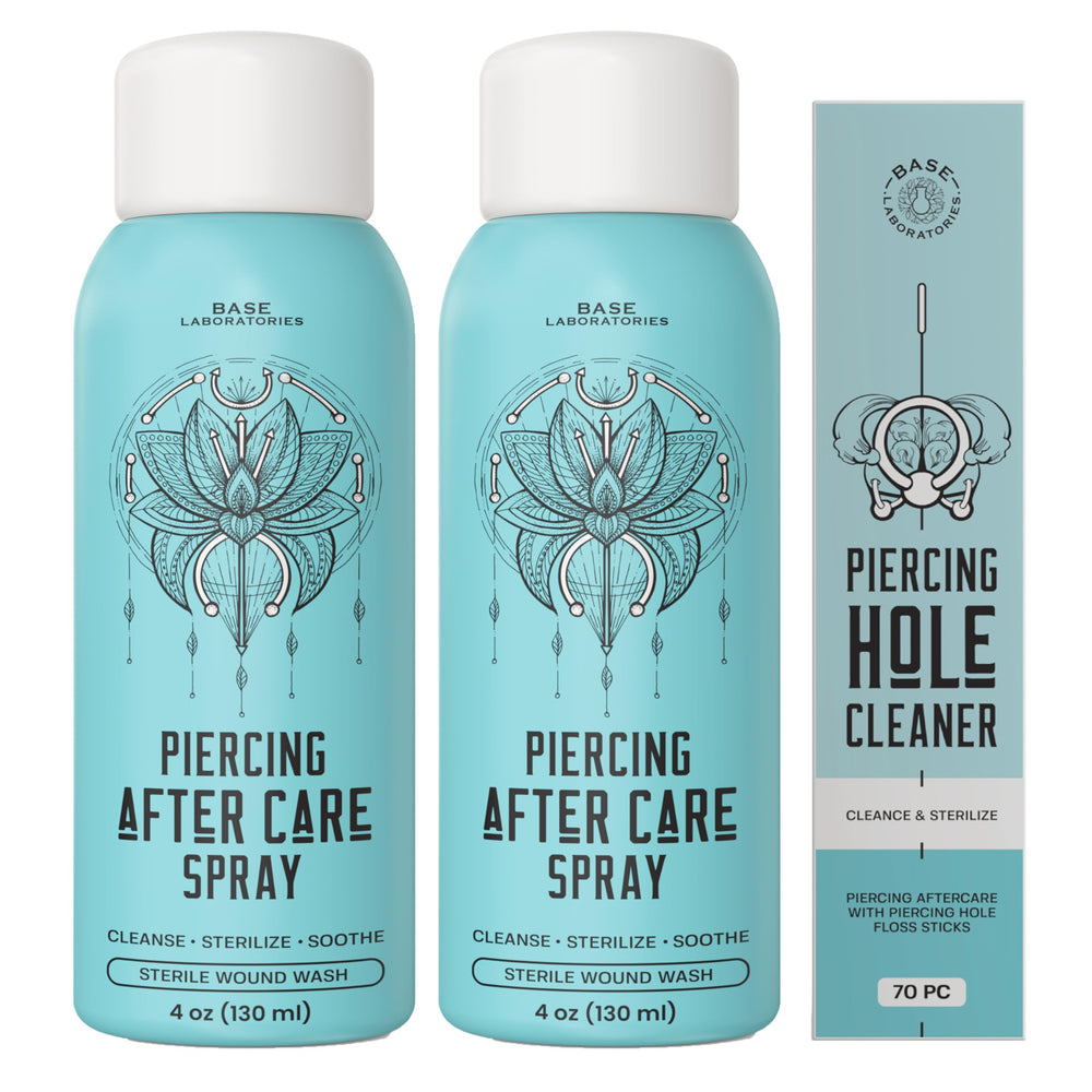 BASE LABORATORIES piercing-aftercare-spray-4oz two-pack shown for clean, soothing piercings.