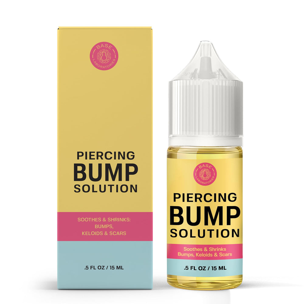 Base Labs saline solution visual emphasizing gentle cleansing for new piercings.