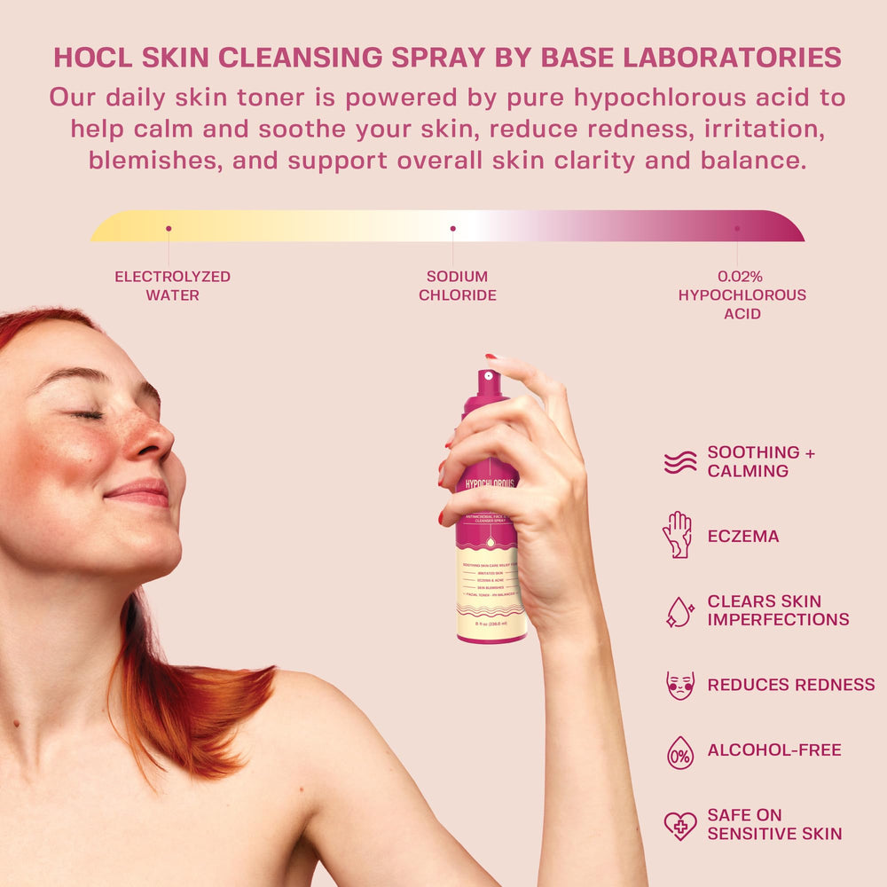 Hands applying BASE LABORATORIES HOCl spray for gentle relief