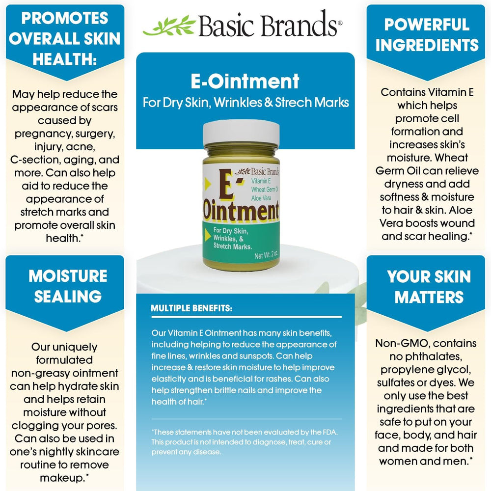 Basic Organics Vitamin E Ointment with wheat germ oil provides nutrient-rich skin care.