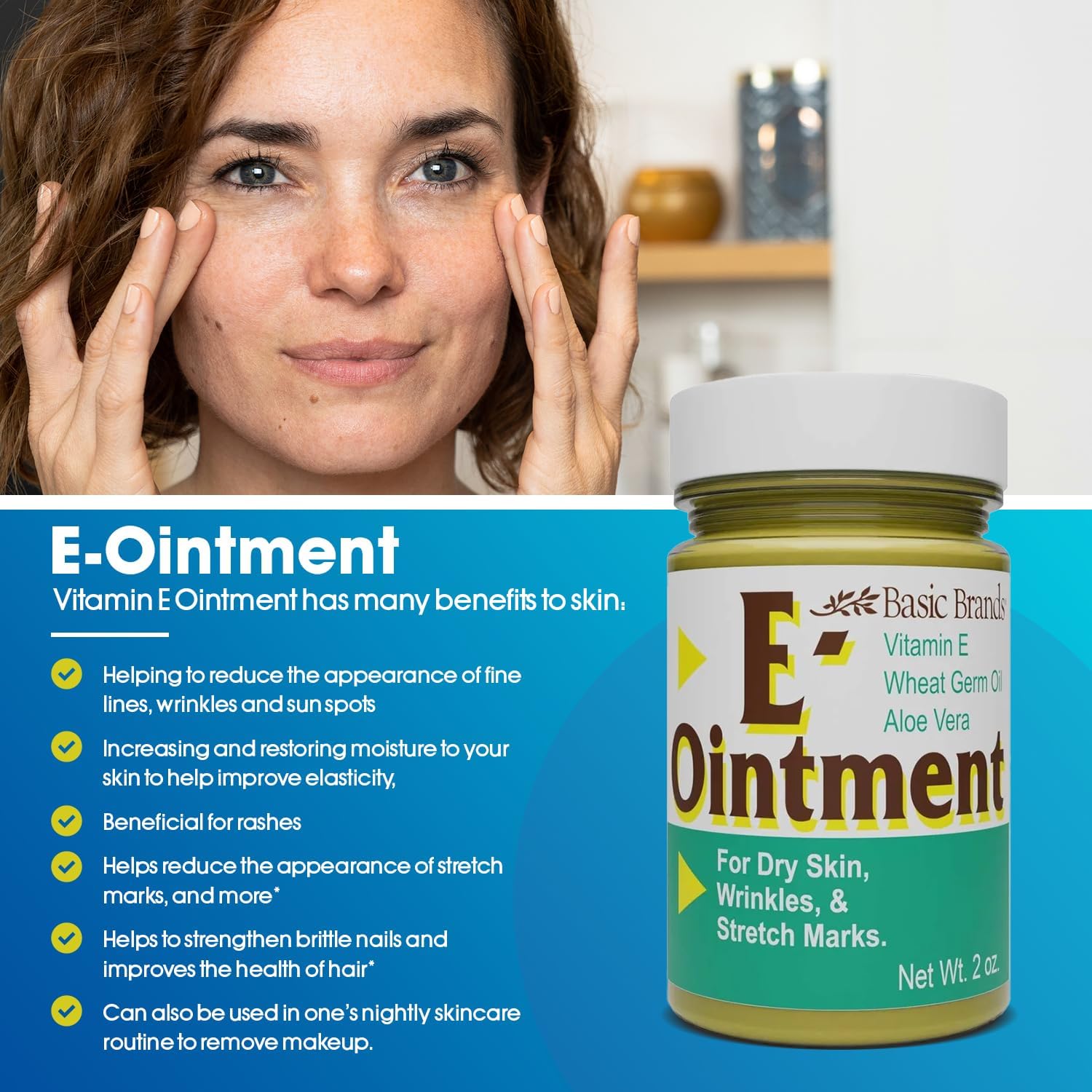 Basic Organics Vitamin E Ointment moisturizes dry skin for softer texture.
