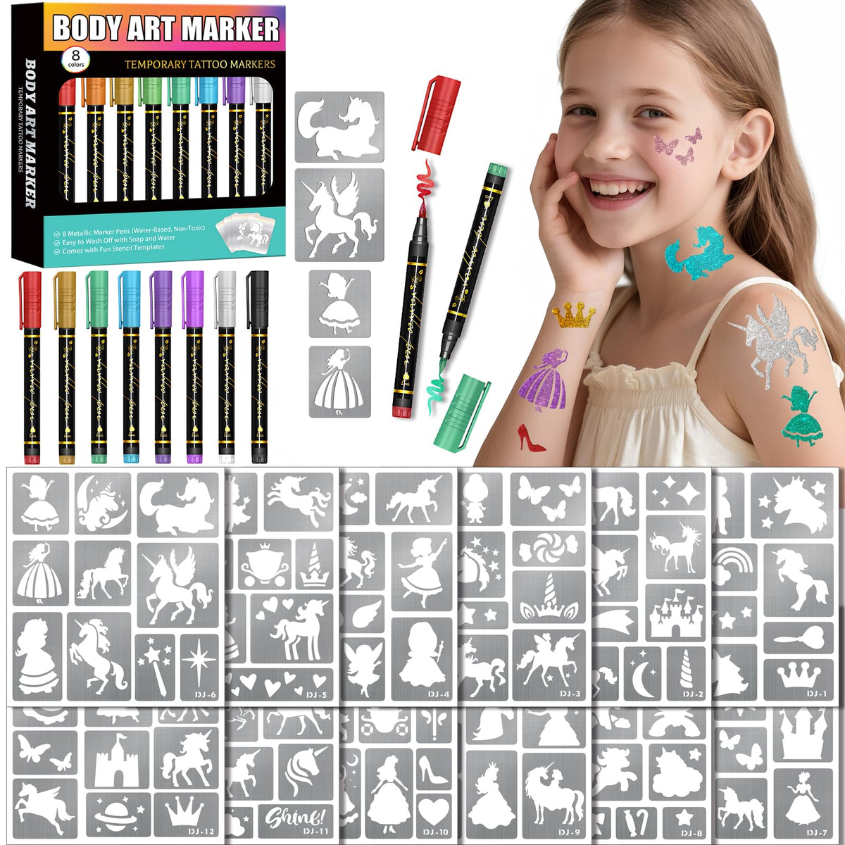 BASIFA temporary tattoo markers set provides smooth application for vibrant, skin-safe fashion art.