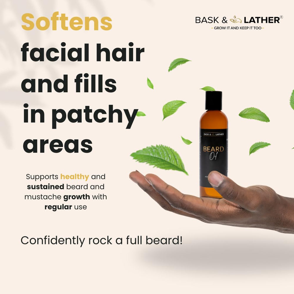BASK & LATHER beard oil delivers soft, natural shine to beard.