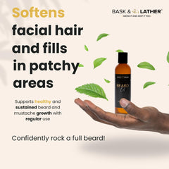 BASK & LATHER beard oil delivers soft, natural shine to beard.
