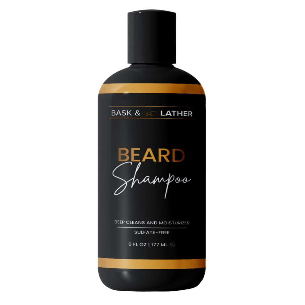 BASK & LATHER beard shampoo bottle front, sulfate-free formula for clean, refreshed beards.
