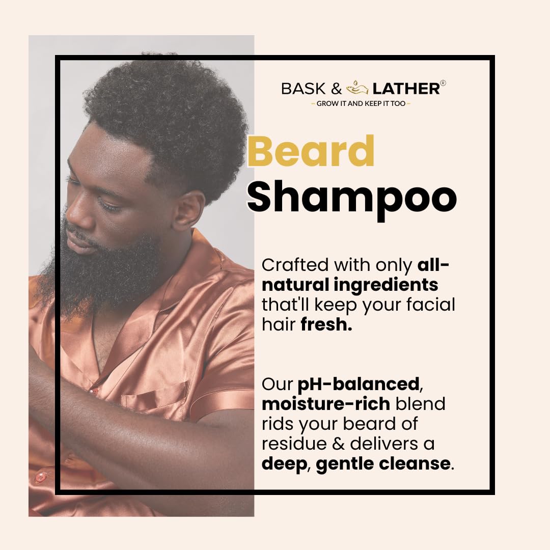 BASK & LATHER beard shampoo close-up texture highlights strengthened strands and natural shine.