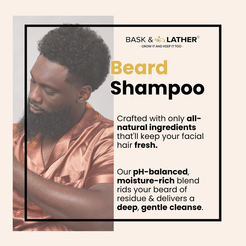 BASK & LATHER beard shampoo close-up texture highlights strengthened strands and natural shine.