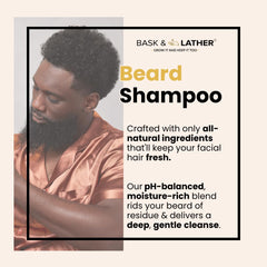 BASK & LATHER beard shampoo close-up texture highlights strengthened strands and natural shine.