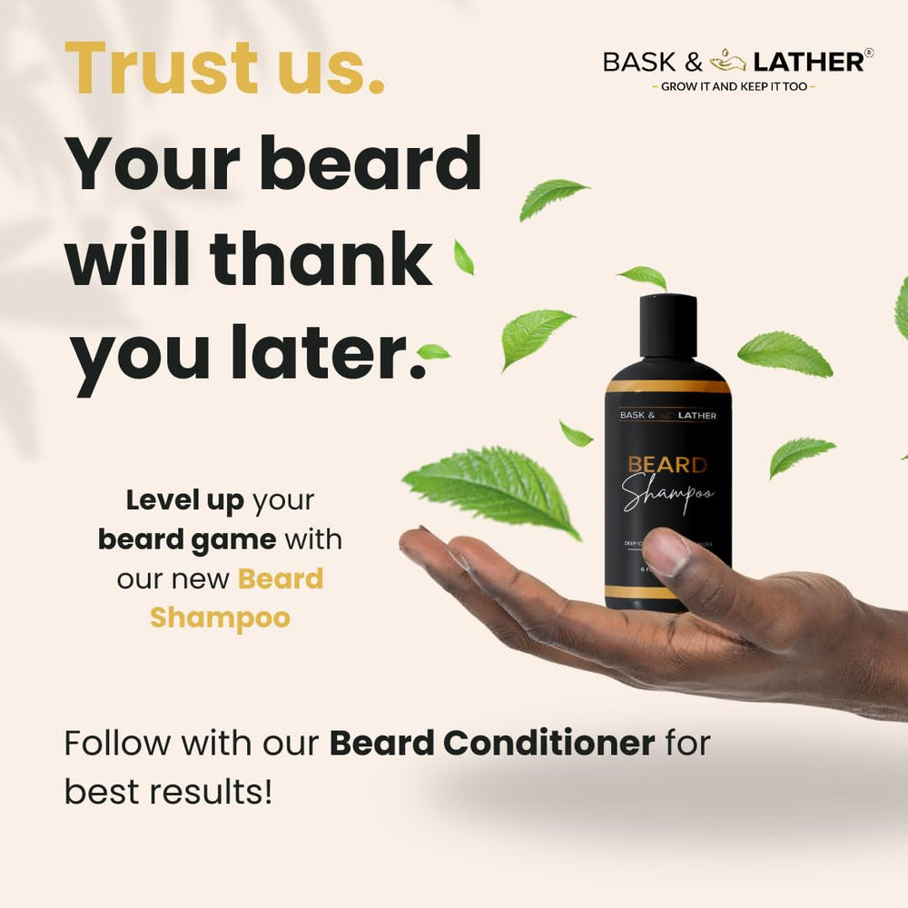 BASK & LATHER beard shampoo pairs with conditioner for a refreshed, manageable beard routine.
