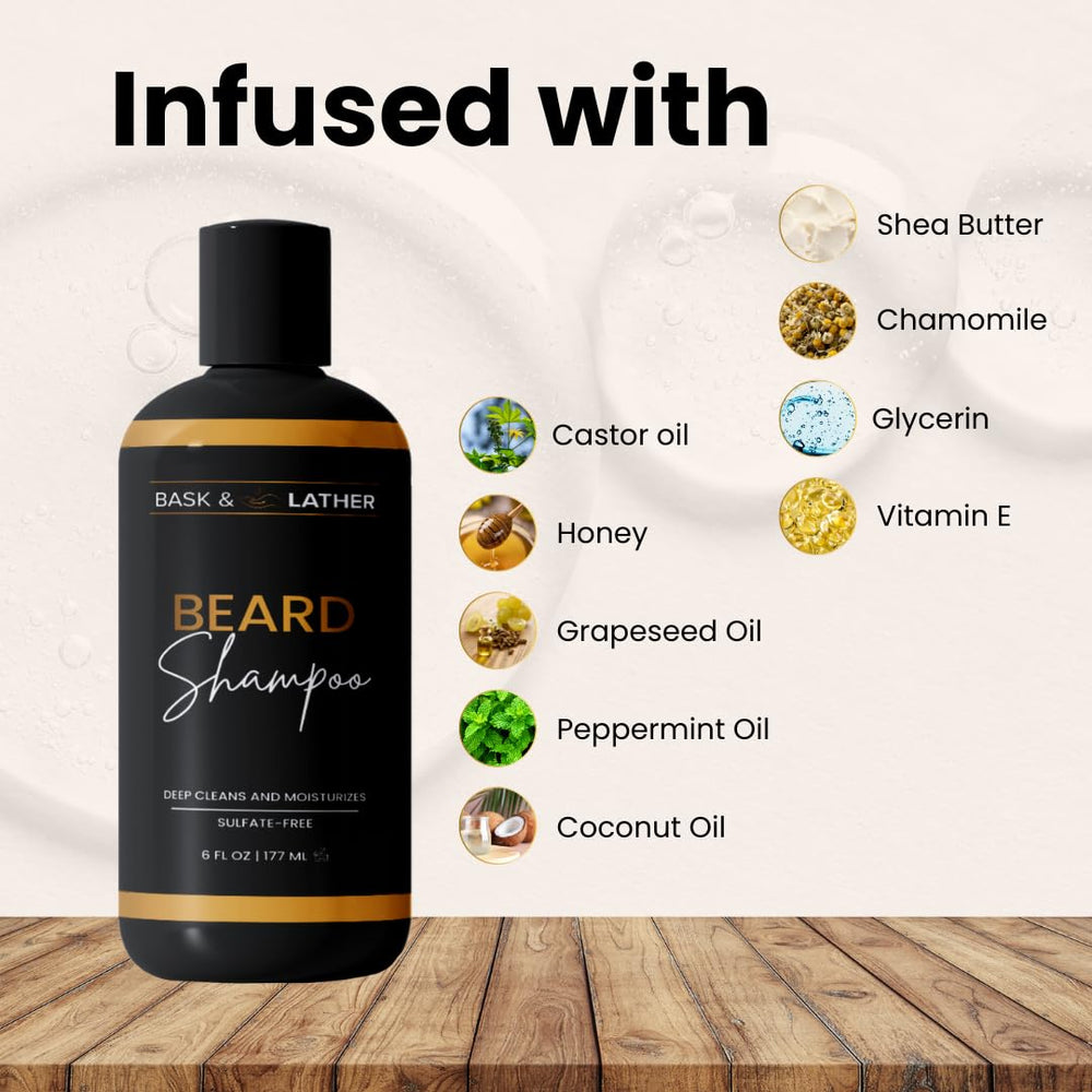 BASK & LATHER beard wash foam in hands demonstrates rich lather for gentle cleansing.