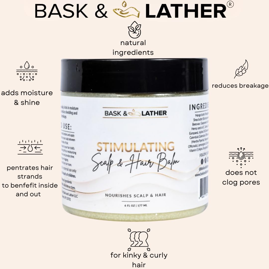 Bask and Lather balm applied to hair strands demonstrates cooling peppermint and moisture.