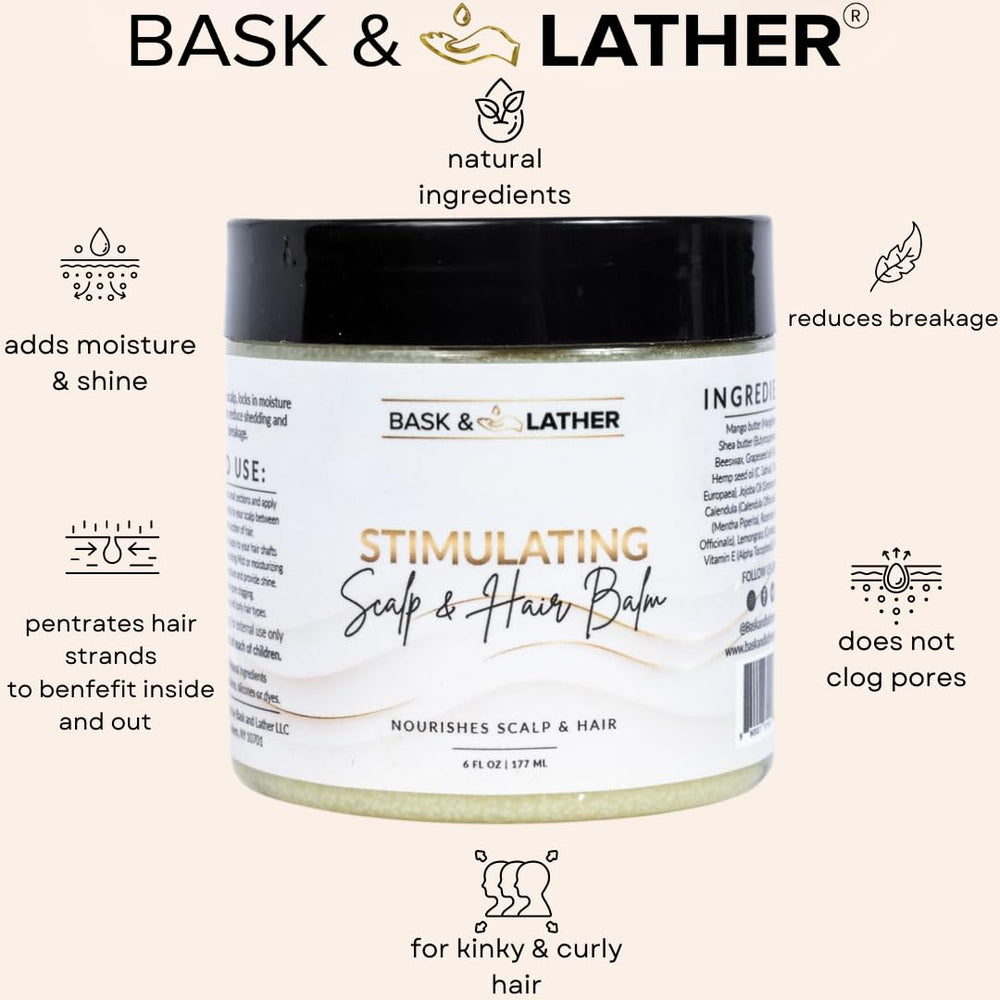 Bask and Lather balm applied to hair strands demonstrates cooling peppermint and moisture.