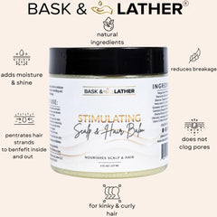 Bask and Lather balm applied to hair strands demonstrates cooling peppermint and moisture.