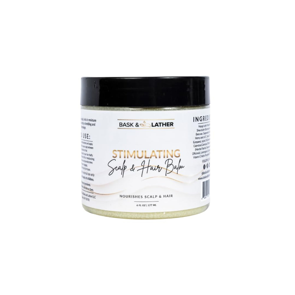 Bask and Lather stimulating scalp balm jar showcases mango and shea butter for nourishment.