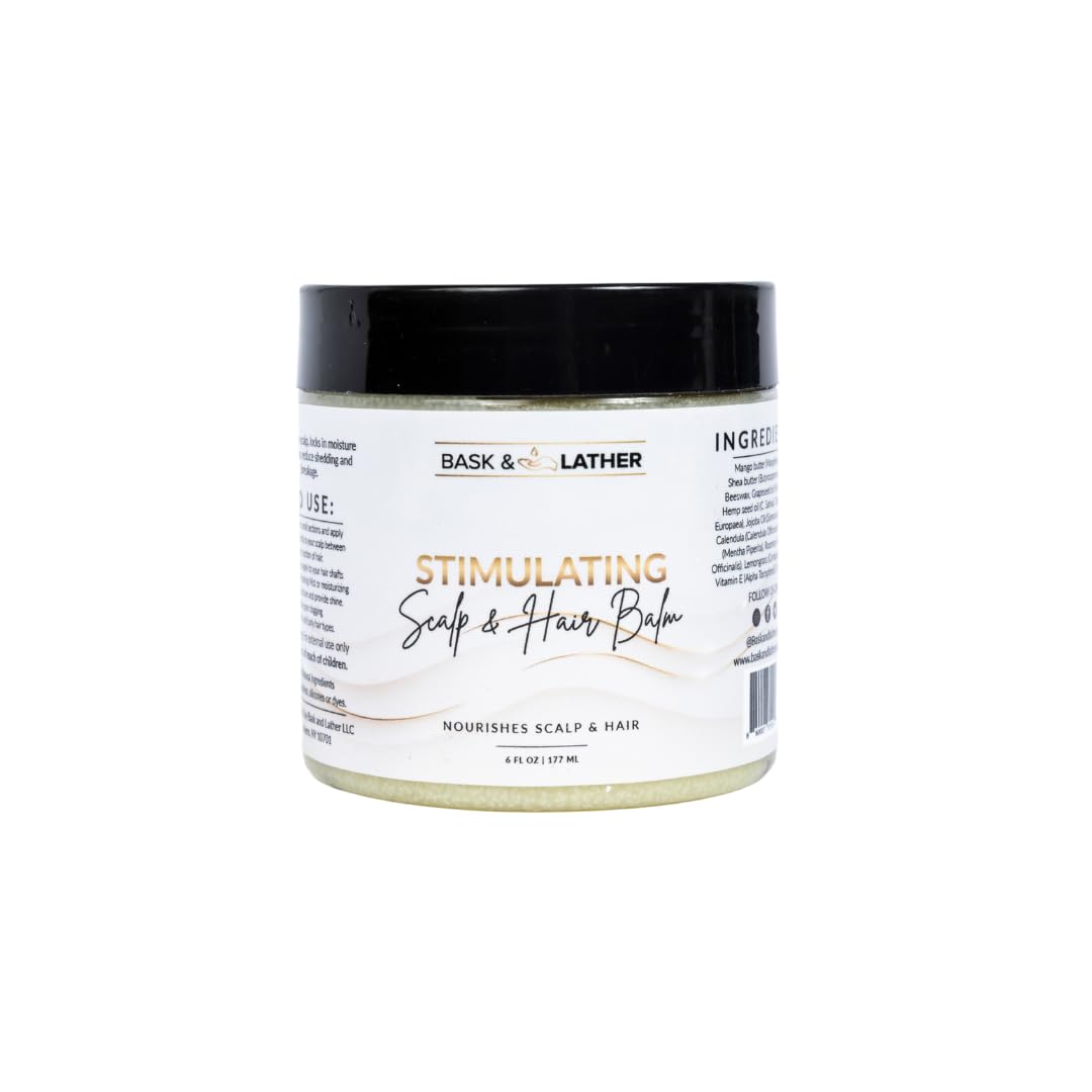 Bask and Lather stimulating scalp balm jar showcases mango and shea butter for nourishment.