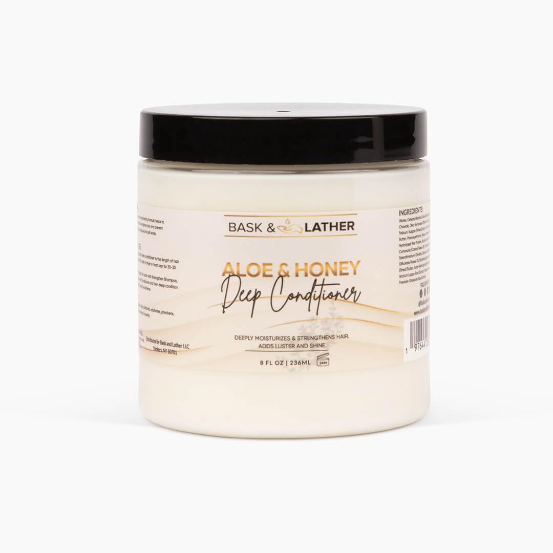 BASK & LATHER Aloe & Honey Deep Conditioner jar for hydrated, smoother curls.