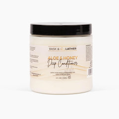BASK & LATHER Aloe & Honey Deep Conditioner jar for hydrated, smoother curls.