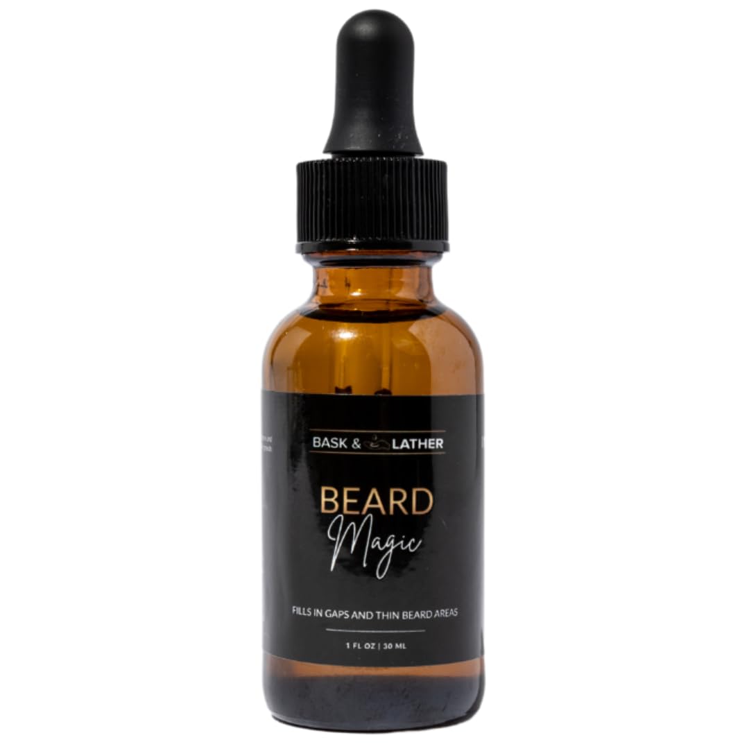 Bask & Lather Beard Magic Growth Oil bottle highlights natural formula for fuller beard