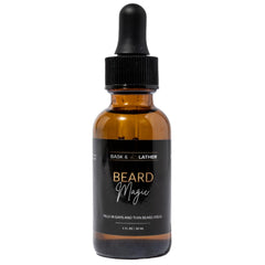Bask & Lather Beard Magic Growth Oil bottle highlights natural formula for fuller beard