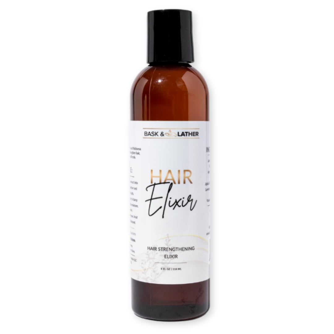 BASK & LATHER Elixir bottle pour for easy scalp nourishment.