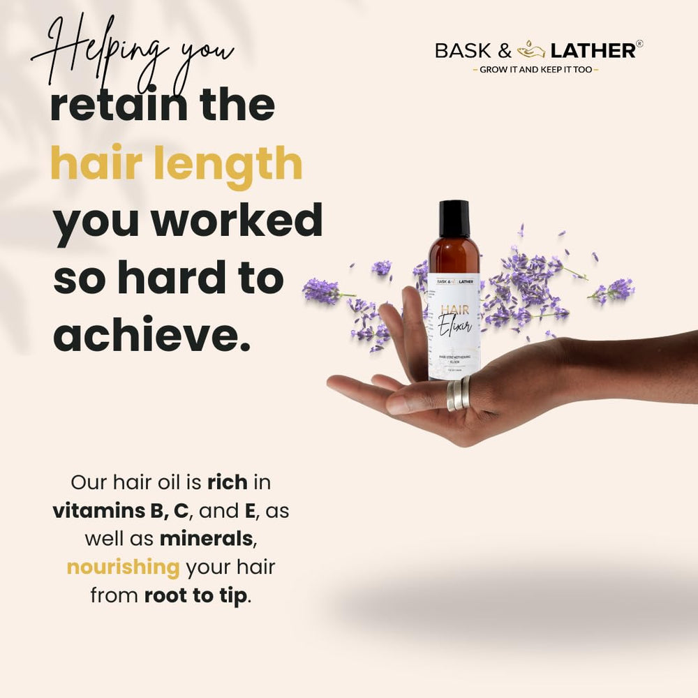 BASK & LATHER Elixir on color-treated hair helps preserve vibrancy and moisture.