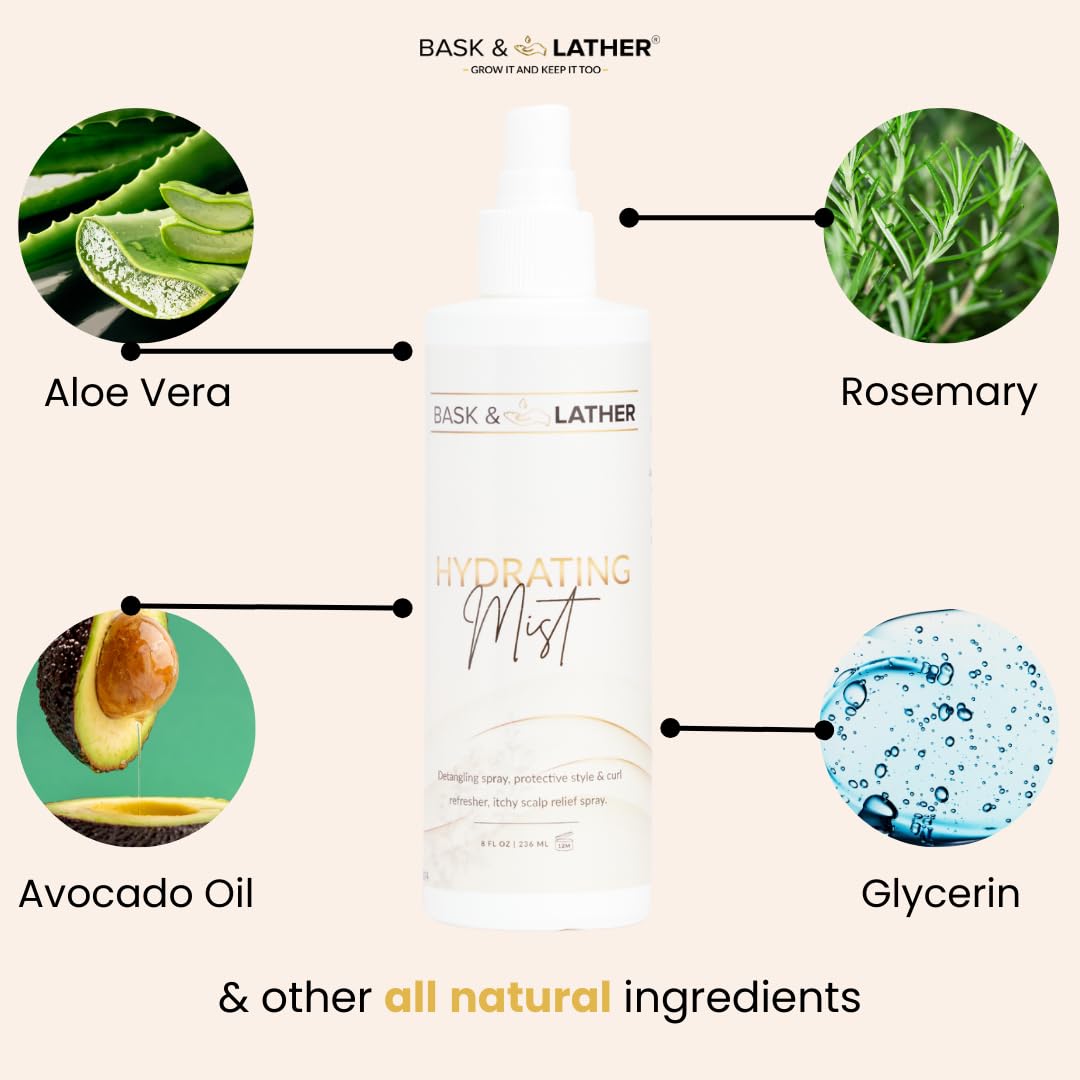 BASK & LATHER Hydrating Hair Mist on curly hair supports definition and bounce.