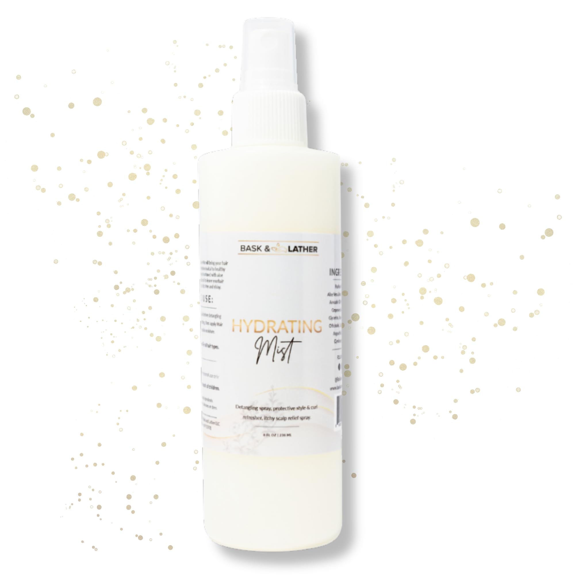 BASK & LATHER Hydrating Hair Mist bottle delivers effortless detangling and hydration.