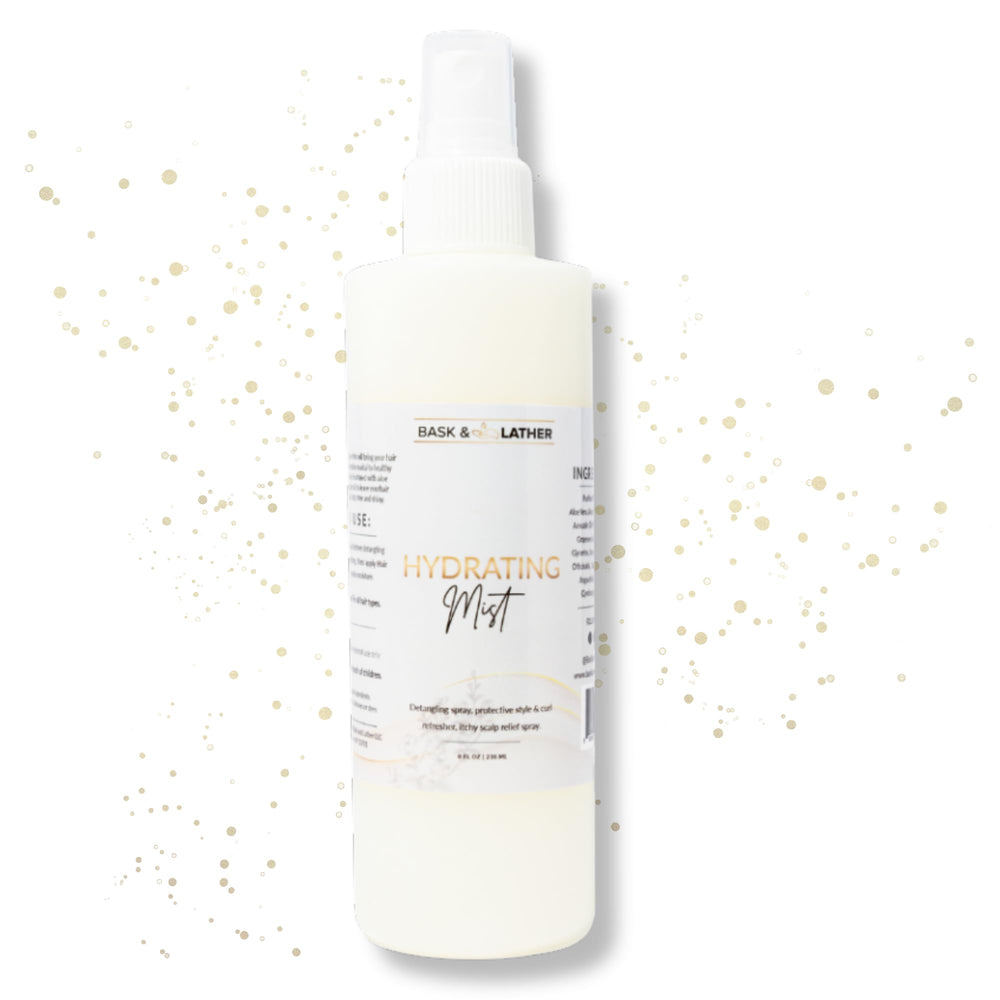 BASK & LATHER Hydrating Hair Mist bottle delivers effortless detangling and hydration.