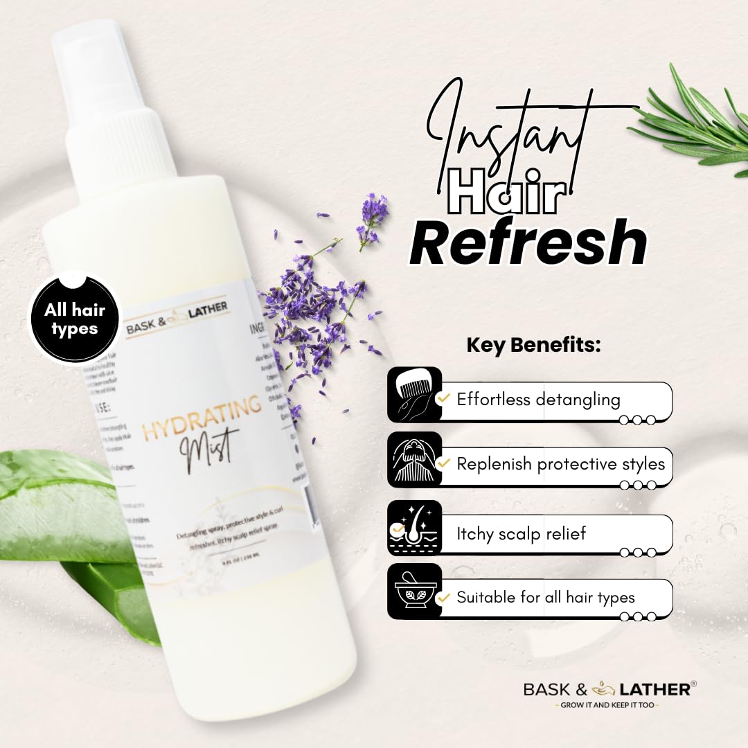 BASK & LATHER Hydrating Hair Mist dispense pump demonstrates quick refresh for curls.