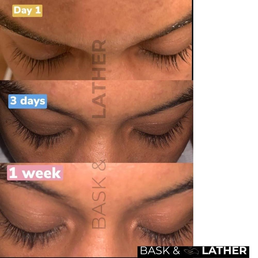 Bask & Lather lash serum bottle closeup emphasizes clean, natural ingredients for gentle enhancement.