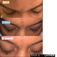 Bask & Lather lash serum bottle closeup emphasizes clean, natural ingredients for gentle enhancement.