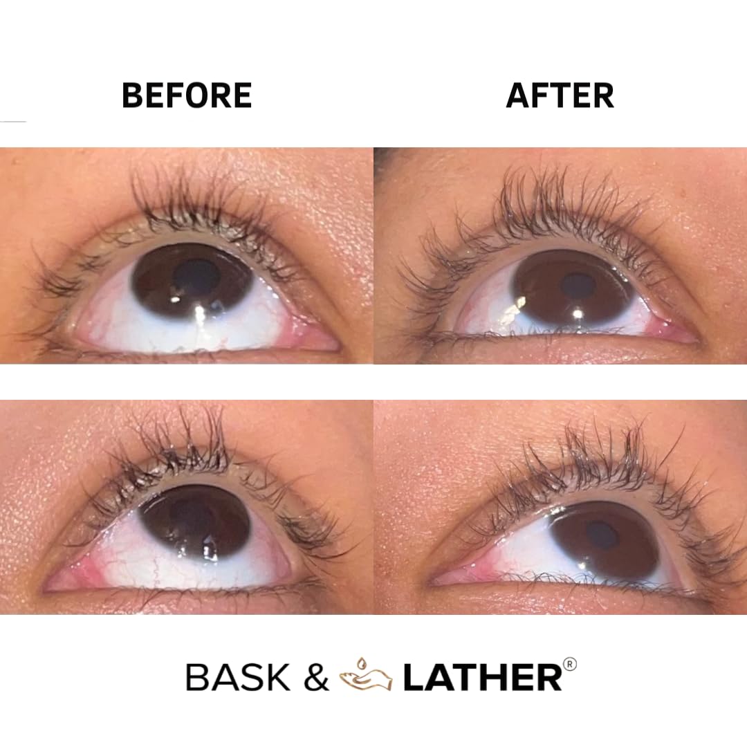 Bask & Lather lash serum ingredients scene highlights castor and jojoba oils for nourishing care.