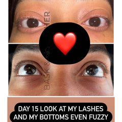 Bask & Lather lash serum lashes before-after demonstrates potential length and volume improvement.