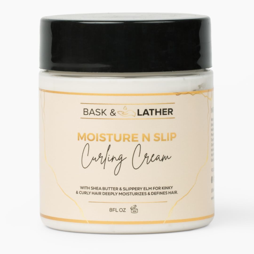 BASK & LATHER Moisture n Slip curling cream bottle for easy styling and frizz control.