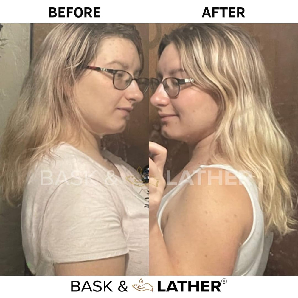Bask and Lather oil on shiny hair showing possible shine.