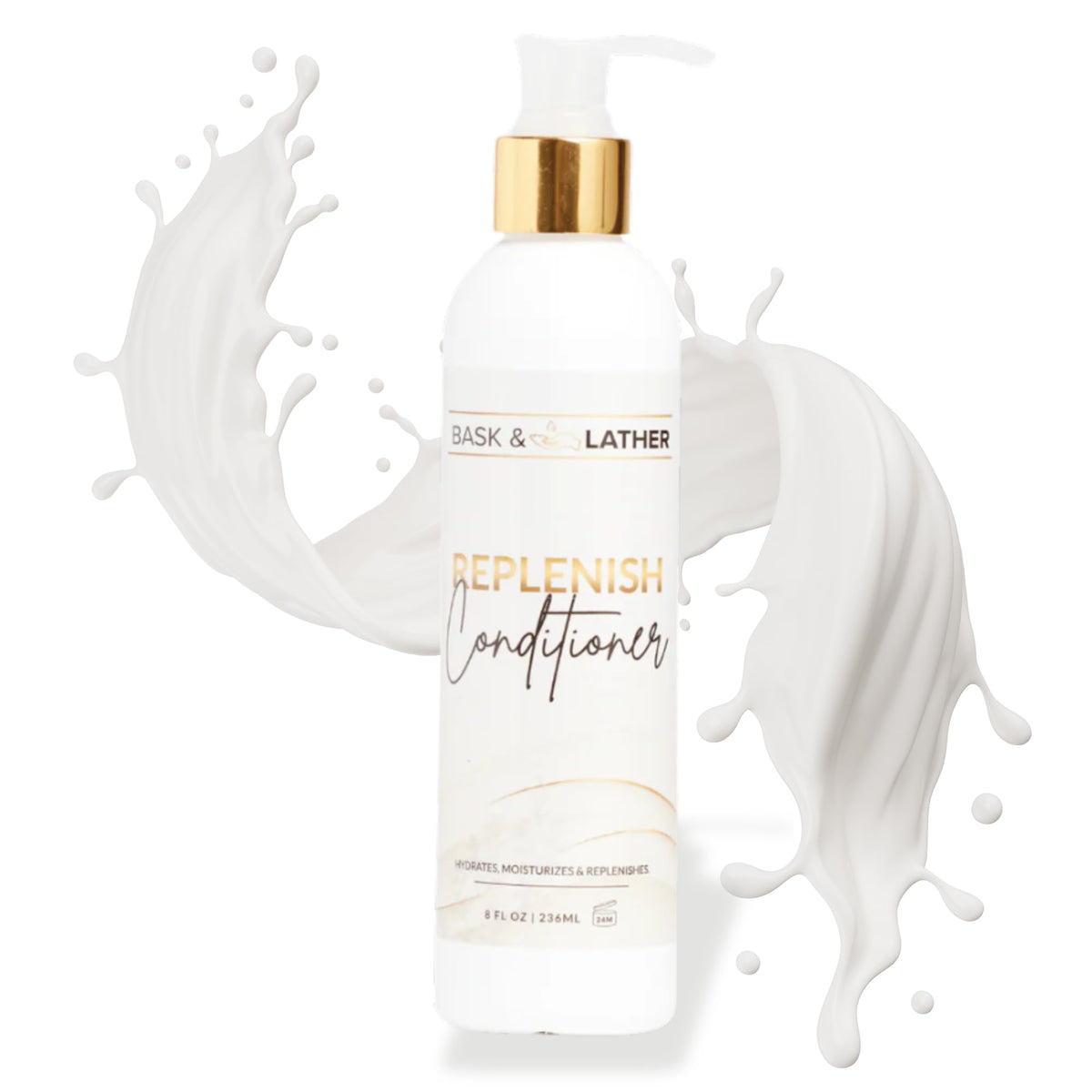 BASK & LATHER Replenish conditioner bottle highlights silicone-free formula for color-treated hair