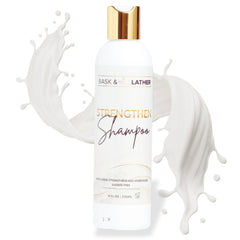 BASK & LATHER Strengthen Shampoo bottle front showing all-natural formula for daily cleansing and vitality.