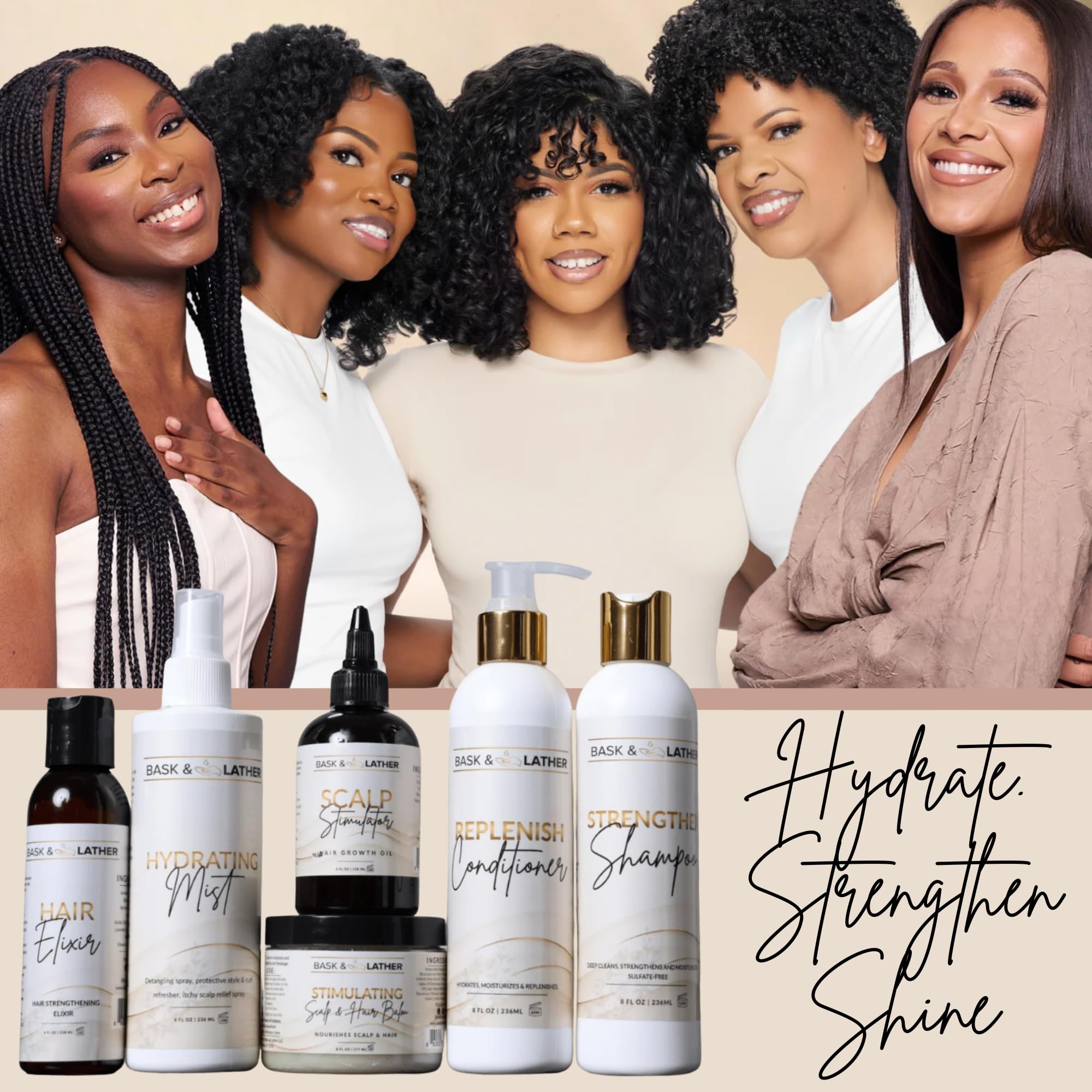 BASK & LATHER Strengthen Shampoo daily-use scene suggests healthy hair foundation after wash.