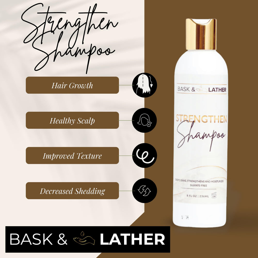 BASK & LATHER Strengthen Shampoo ingredients closeup highlights castor oil and honey for moisture.
