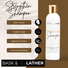 BASK & LATHER Strengthen Shampoo ingredients closeup highlights castor oil and honey for moisture.
