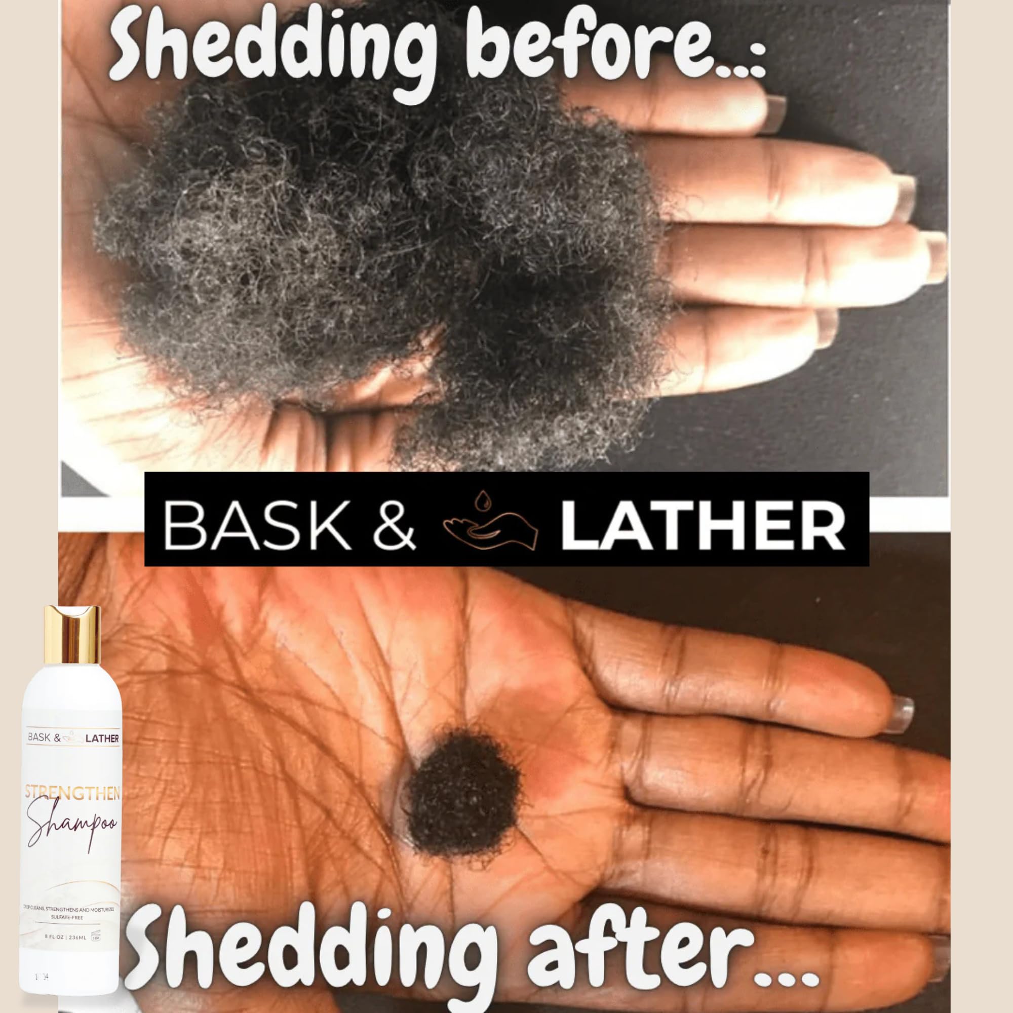 BASK & LATHER Strengthen Shampoo lather on hand demonstrates gentle cleansing for all hair types.