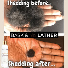 BASK & LATHER Strengthen Shampoo lather on hand demonstrates gentle cleansing for all hair types.