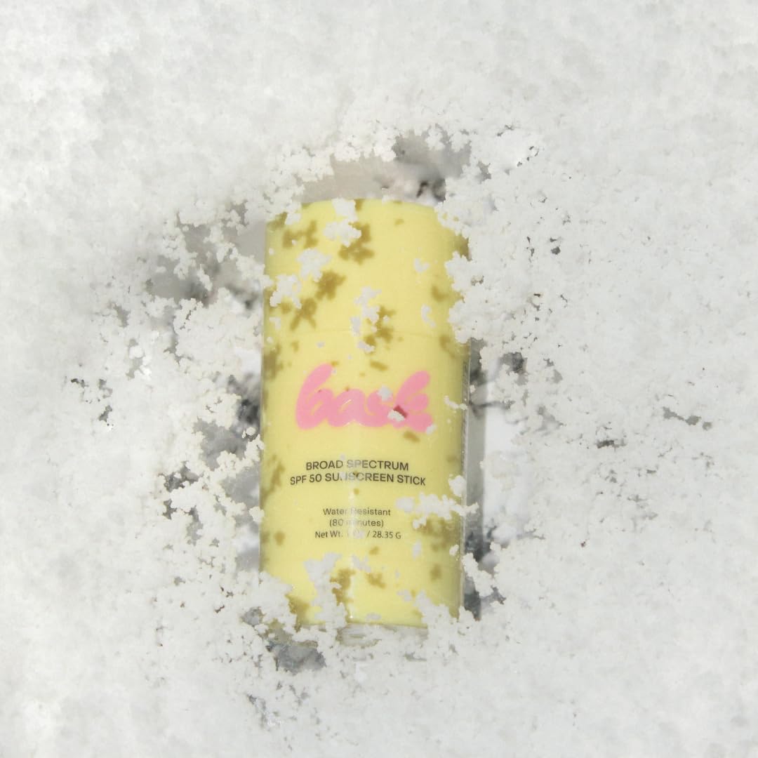 Bask SPF 50 stick on face lip area emphasizes targeted protection for delicate zones.